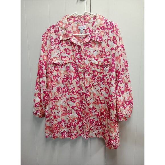 Kim Rogers Womens Plus Pink/Yellow Pattern Button Blouse (Size 3X) - Picture 1 of 3
